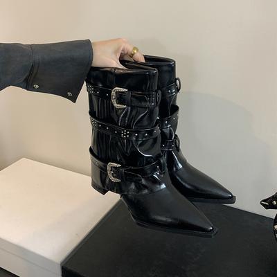 Neuer Stil Damen Spitz Punk Stil Gürtelschnalle Pullback Kurze Stiefel Europäisch und Amerikanisch Sexy Nachtclub Bankett Stiefel