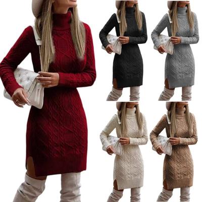 Women's Slim-Fit Long-Sleeved Pullover Knit Collared Sweater, Solid Color Split Twisted Medium-Length Sweater Dress