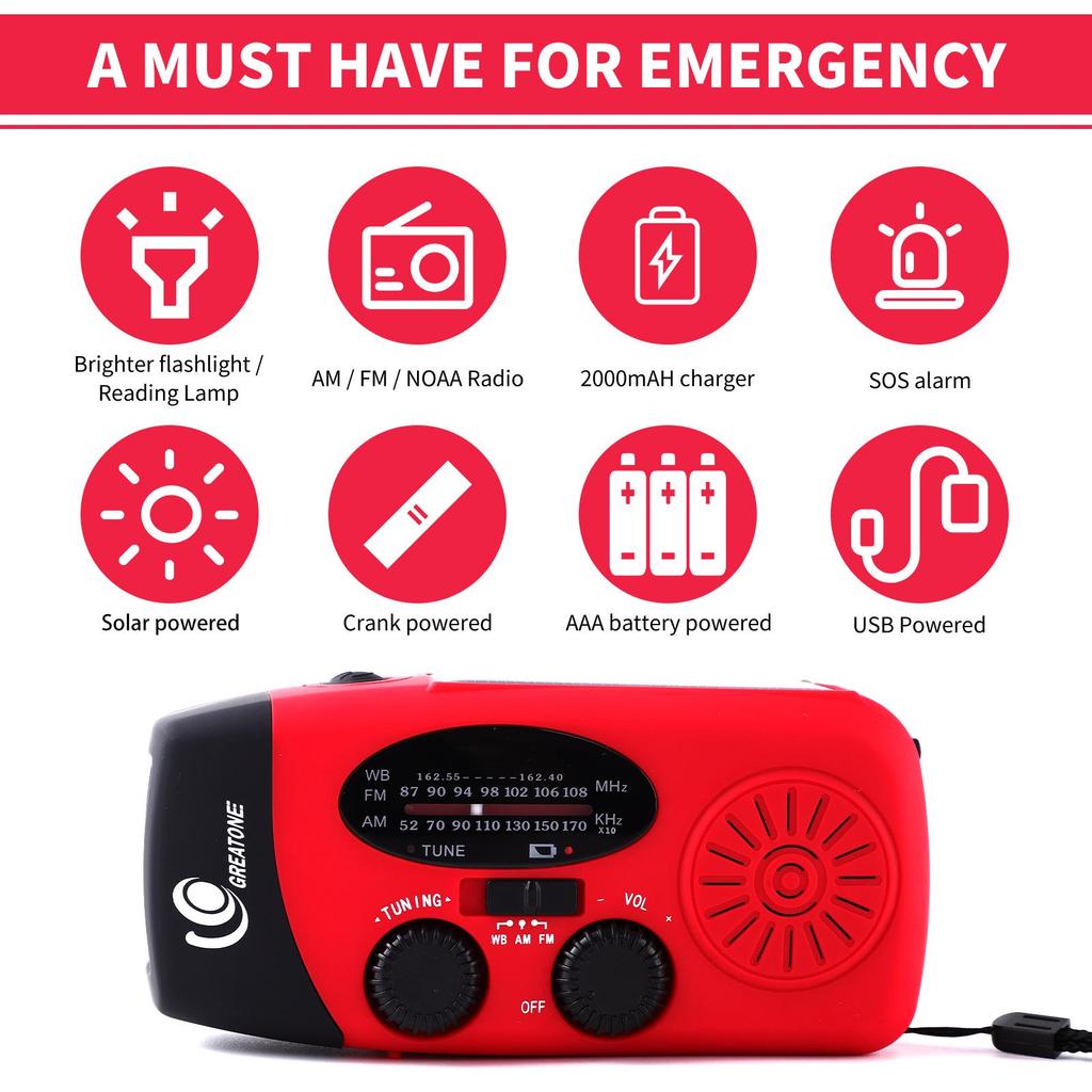 2000mAh Solar Hand Crank Emergency Radio with USB Charging and Disaster Prevention