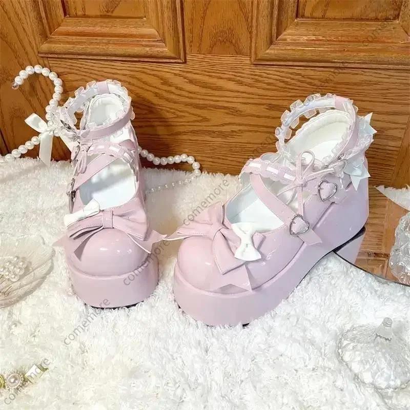 Fashion Lace Bowknot White Lolita Shoes for Women 2025 Heart Buckle Platform Mary Janes Woman Japanese Style Patent Leather Jk Shoes