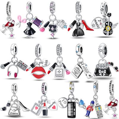 Original Black Dress High Heels Bag Lipstick Beads Fit Bracelet Charms Copper Women Jewelry Necklace Diy Gift