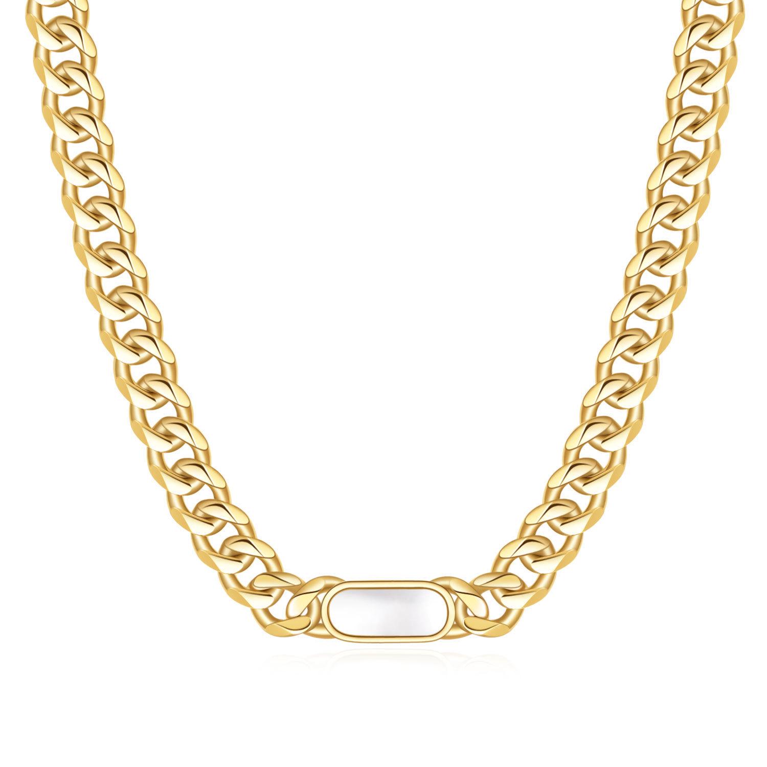 European 18K Gold Cuban Chain Necklace with White Shell, Green Malachite, Black Shell, and Titanium Steel белый