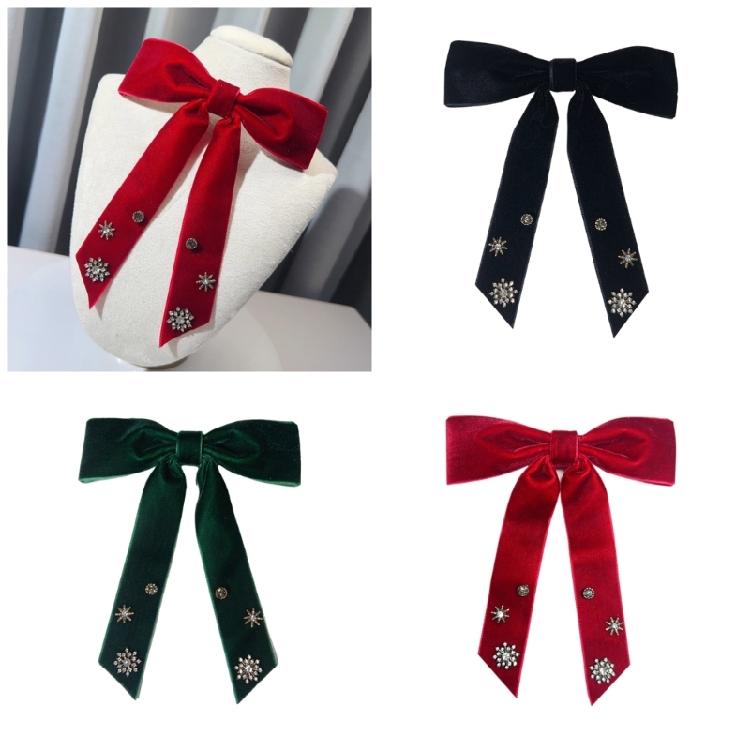 Elegant Velvets Bows Tie Brooch Pin Women's Christmas Rhinestones Snowflake Bowtie Pre Tied Bowknot Corsage Necktie