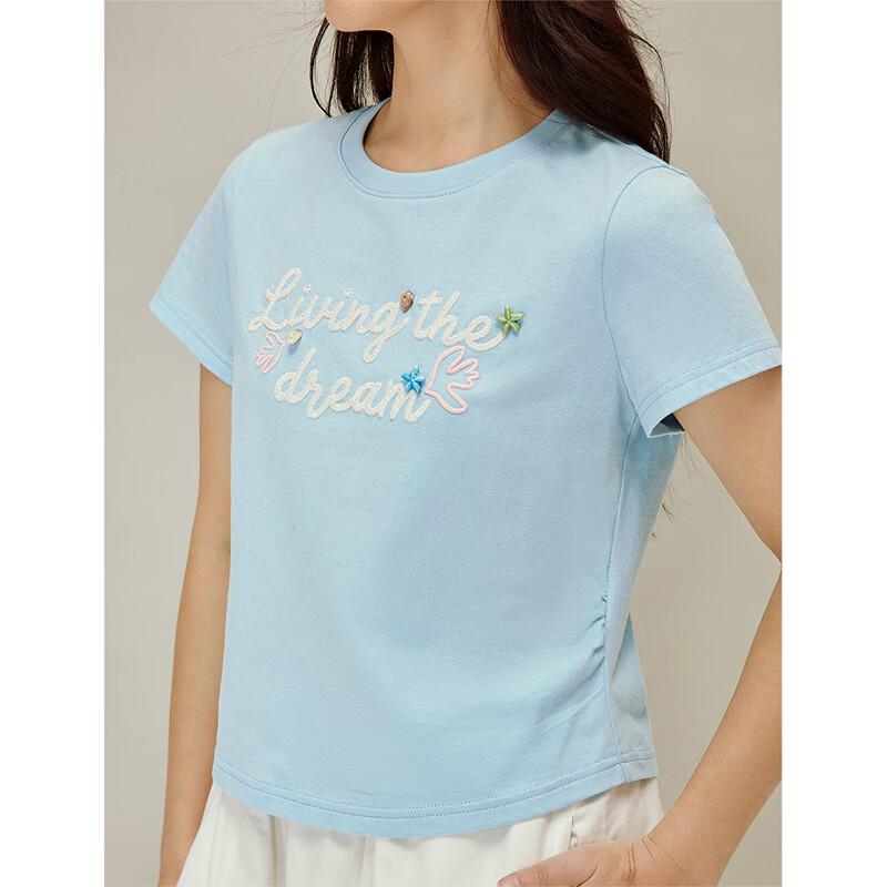 INMAN Heavy Embroidery Shell Beaded Gathered Short Sleeve T-Shirt
