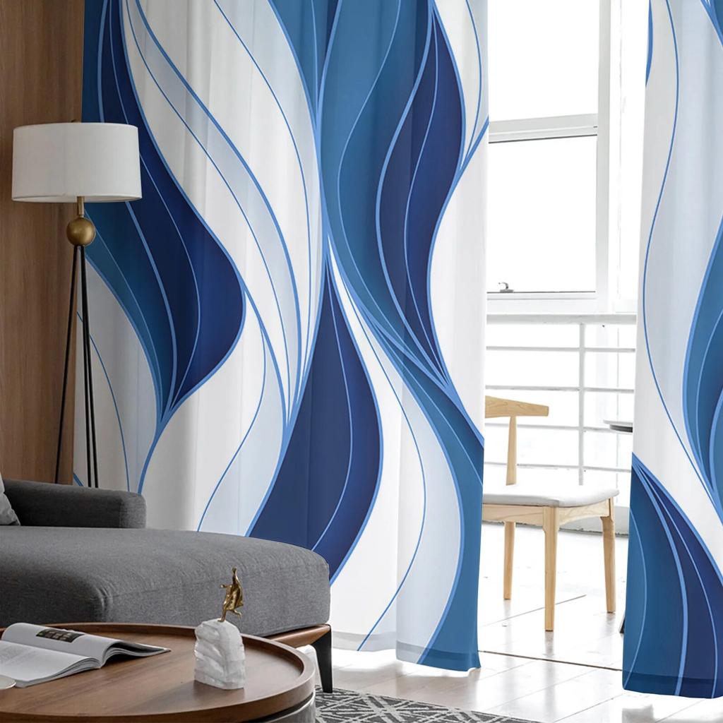 Dark Blue Ripples Lines Sheer Voile Curtains for Bedroom Window Holiday Decoration Transparent Tulle