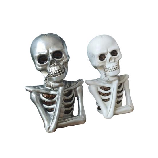 2 Pcs Gothic Skeleton Figurine Creepy Halloween Skull Statue Realistic Resin Tabletop Ornament for Home Office Bookshelf Indoor Decoration