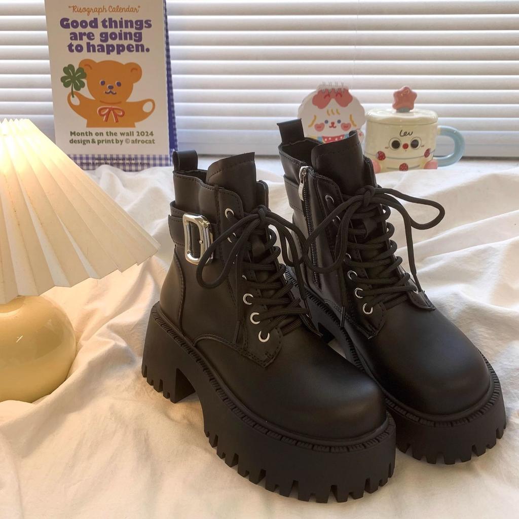 Fashion Leather Woman Short Shoes With Laces Chunky Heel Height Increasing Booties High Quality Hot Sale Y2k Goth Ankle Boots for Women