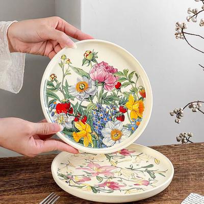 Cerâmica Floral Retro Esmaltada Louça de Mesa Prato de Salada Prato Fundo Prato de Polegada Prato de Legumes Alto Padrão Alto Valor Doméstico