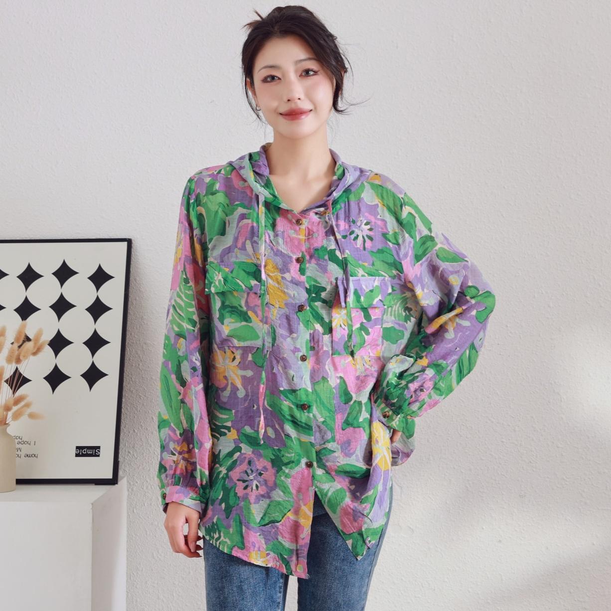 

DIMANAF Весна 2025 Лето Льняная Рубашка С Длинным Рукавом С Капюшоном Женская Блузка Модные Цветочные Топы Свободные Новые One Size фиолетовый