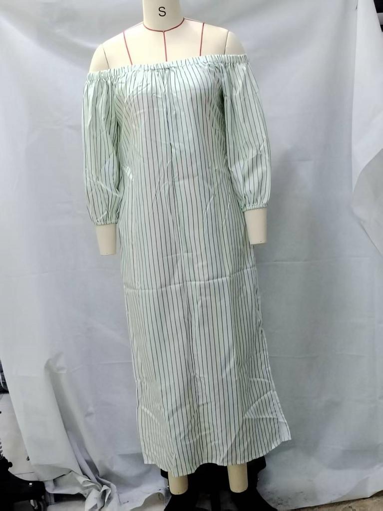 2026 Spring and Autumn New European and American Stripe Printed Off-Shoulder Lantern Sleeve Dress Holiday Style Loose Beach Dress