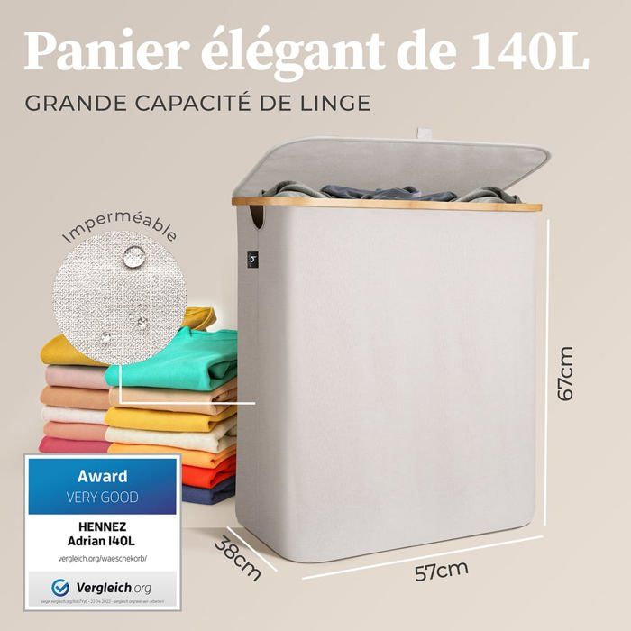 Panier linge - hennez - 140l - 2 compartiments - pliable - couvercle en bambou - beige