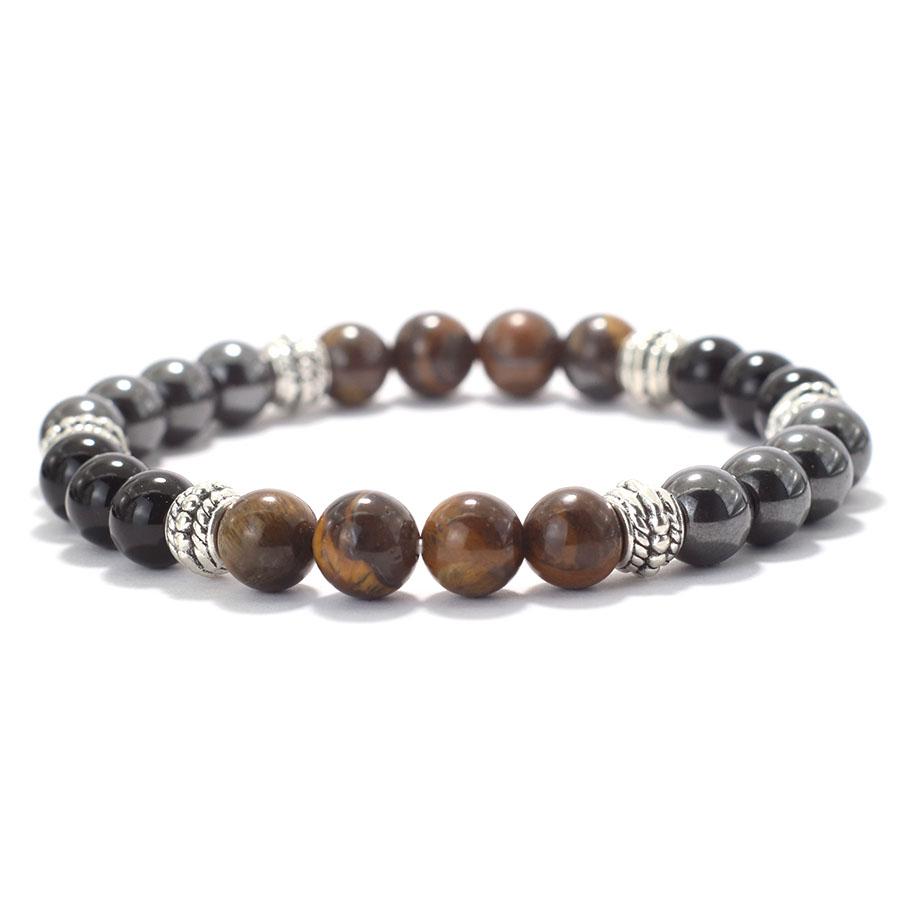 Simple Men Bracelet Natural Lava Tiger Eye Stone Hand Beaded Brass Braclet Casual Accessories Prayer Meditation Yoga Braslet