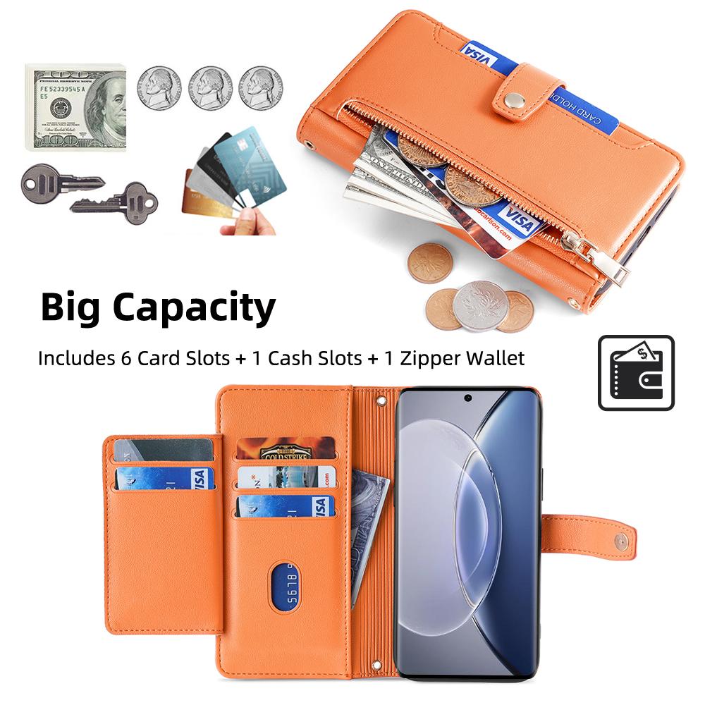 For Vivo X90 5G PU Leather Stand Case Zipper Pocket Card Slots Well-Protected Flip Phone Cover with Wrist Strap and Shoulder Strap