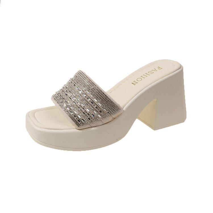 

Модные сандалии-шлепанцы на толстом каблуке с высоким каблуком, водонепроницаемые, с одним ремешком и стразами, женские 40 бежевый