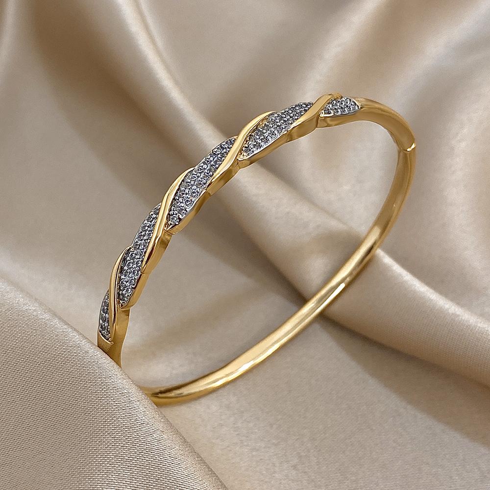 Freetry Glossy Golden Plated Round Bangle Bracelet for Women Fashion Cross Inlaid Zircon Open Spring Bangle Female Jewelry Gift
