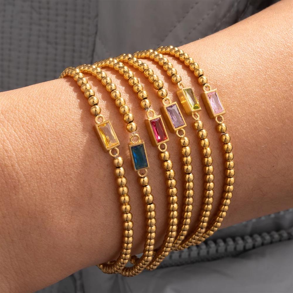 Birthstone Charm Ball Beaded Bracelet 18K Gold Plated Stainless Steel Month Stone Stretch Jewelry