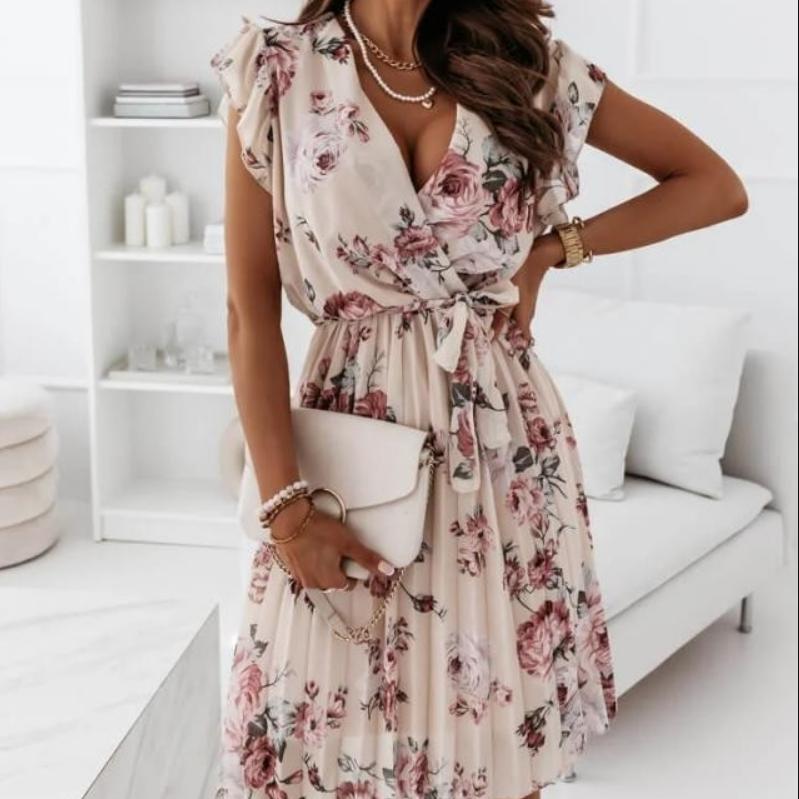 Fashion Women's Summer V Neck Casual Fashion Printed Pullover Short Sleeve  Dress