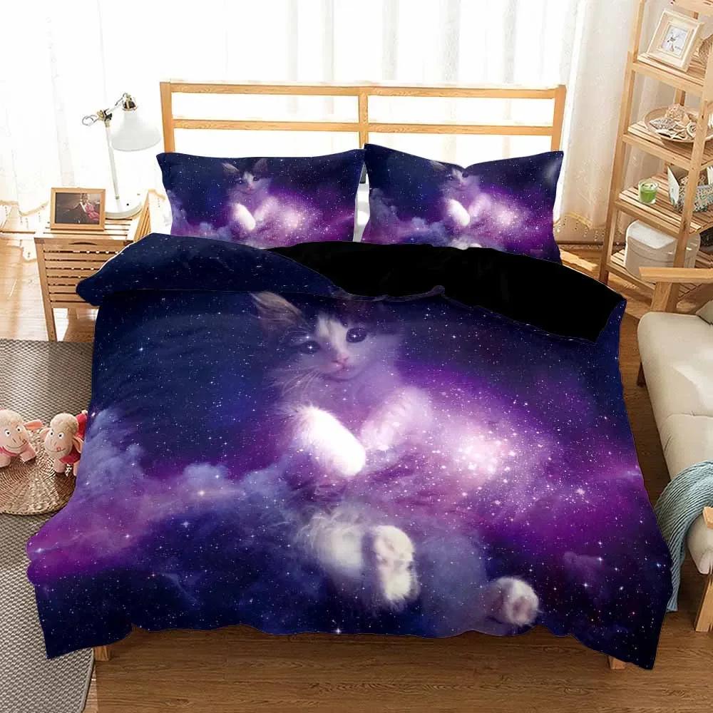 Galaxy Cat Kids Quilt/Duvet Cover With Pillocases Cartoon Animal Comforter Cover Bedding Set Star Sky Pet Child Bed Cover Sets