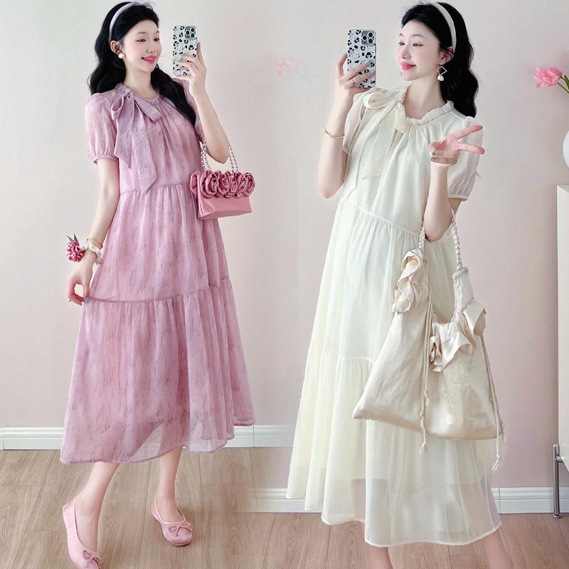 Summer 2026 Elegant Maternity Dress - Sweet, Simple, Round Neck, Short Puff Sleeves, Lace-up Style 2XL