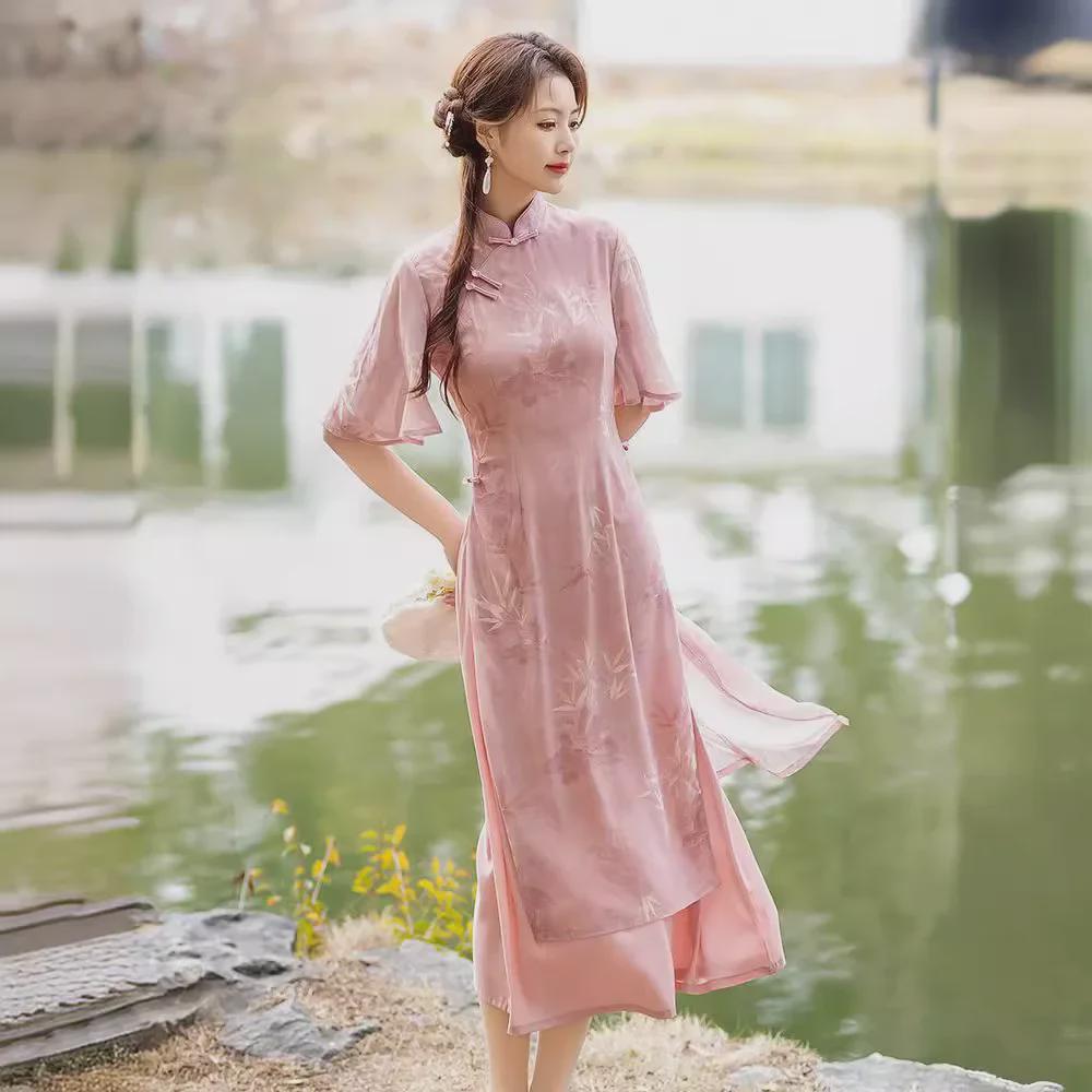 Elegant Pink Ao Dai Cheongsam Skirt - 2024 Summer Light Style