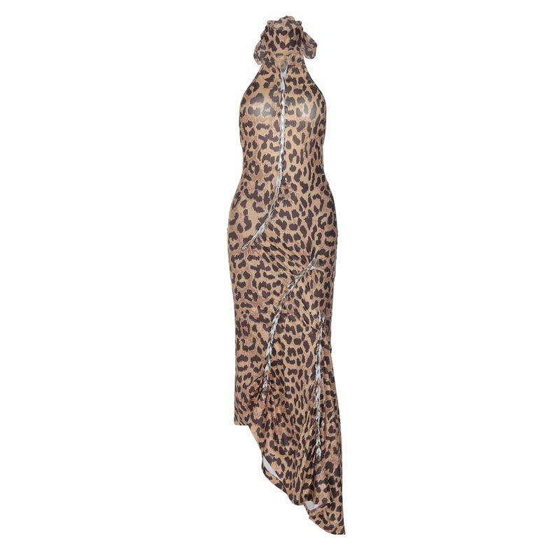 

Gusty Fashion Super a Sexy Halterneck Dress Leopard Print Open Back Long Skirt Asymmetrical Design Drag Sister A- line Skirt Fashion Brown XS