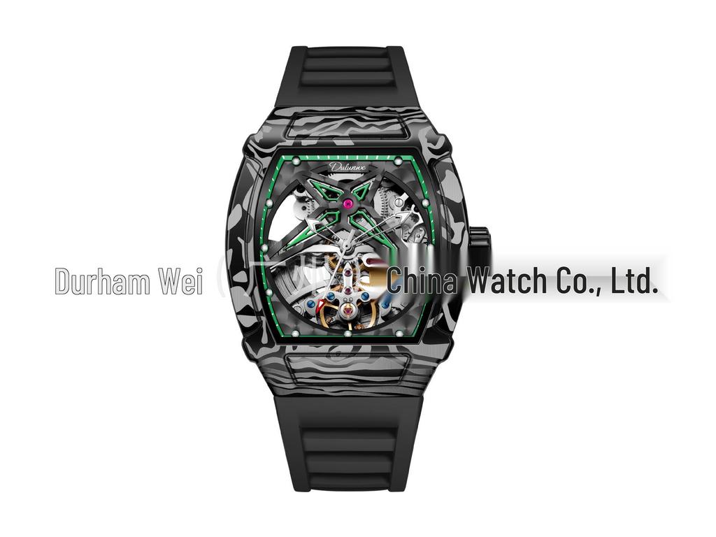 Durham Yao Men's Waterproof Mechanical Watch - Tonneau-Shaped Alloy Case with Carbon Fiber Design and Skeleton Dial