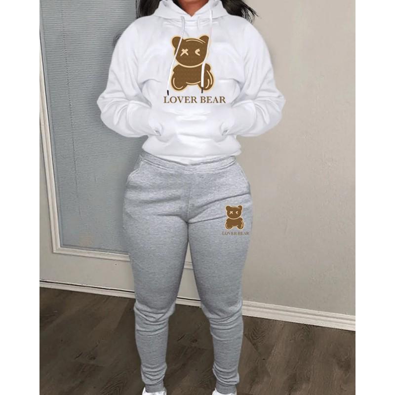 Womens Comfortable Hooded Sweatshirt Jogger Pants Set With Bear Print Color-Block Design Streetwear