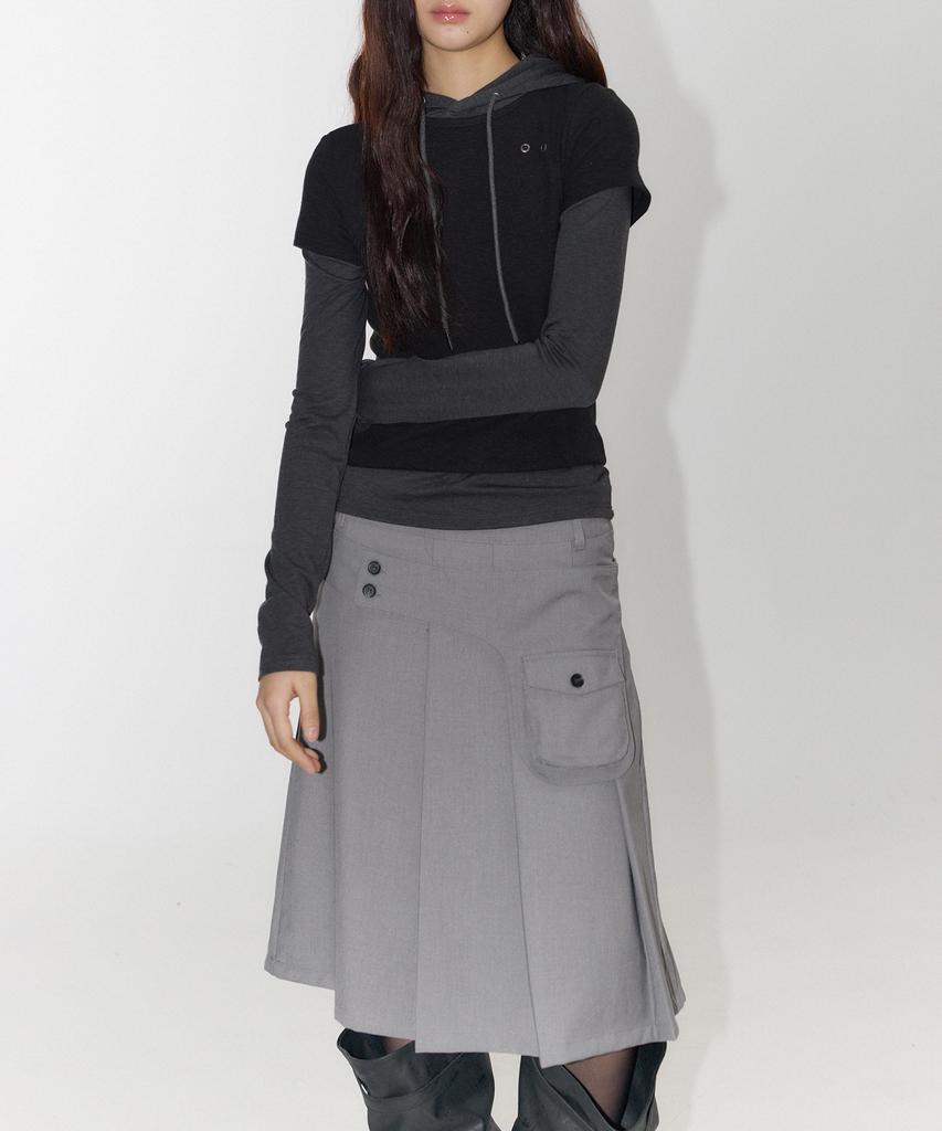 Place Studio Essential Button Pocket Belted Layered Asymmetrical Pleated Midi Skirt _3 Colors