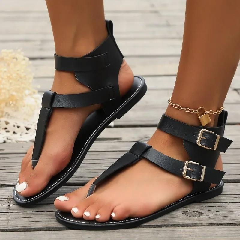 2025 Women's Summer New Vintage Solid Color Flat Sandals Fashion Leather Non-slip Outdoor Flip-flops Beach Roman Shoes Size 43