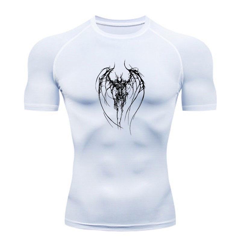 Men's Compression Fitness Sports T-Shirt, Horror Scary Skeleton Bat Pattern Quick Dry Breathable Active Shirt for Workout Running Gym Training