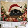 2D Flat - 2D Flat - 1pc 2D Flat Tapestry Black Cat in Santa Hat Peeking Over Gifts Surrounded by Festive Christmas Decorations