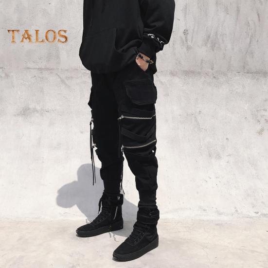 Herren Cargohose mit Riemen und Reißverschluss, lockere Knöchelpartie, mittelhohe Hose, einfarbig, mehrere Farben, Hip Hop Streetwear, Outdoor, Reisen, Sporthose