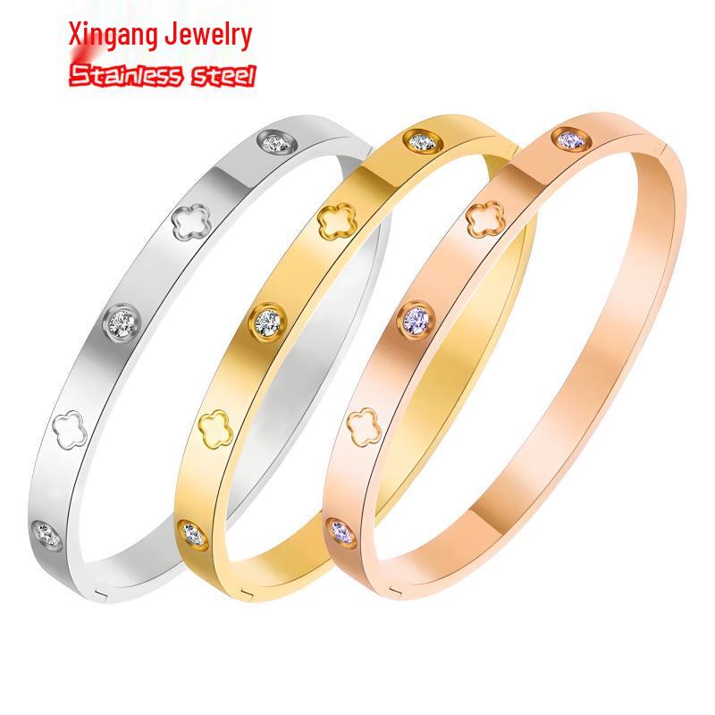 Rose Gold Bamboo Joint Titanium Steel Bangle - Luxurious, Non-fading, Diamond-studded, Waterproof Women's Bracelet.