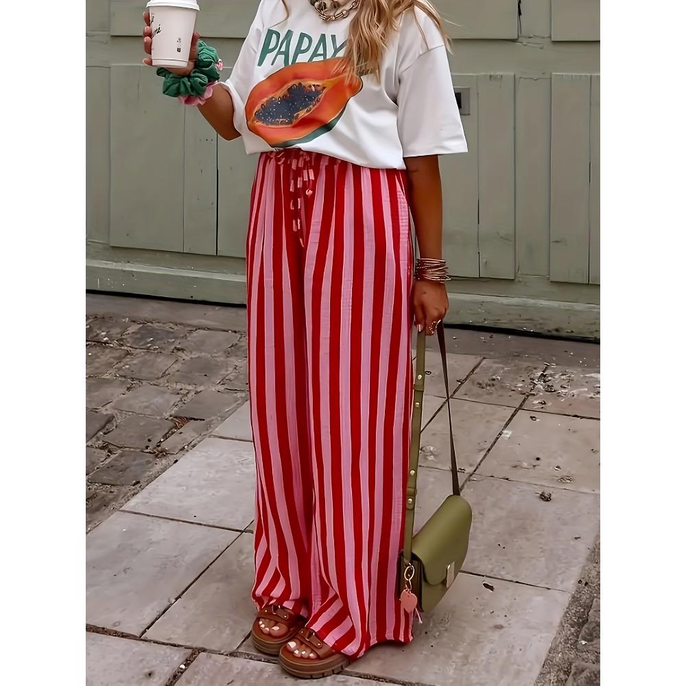 Women Loose Striped Drawstring Pants Wide Leg Trousers with Pockets Easy Summer Casual Home Wear