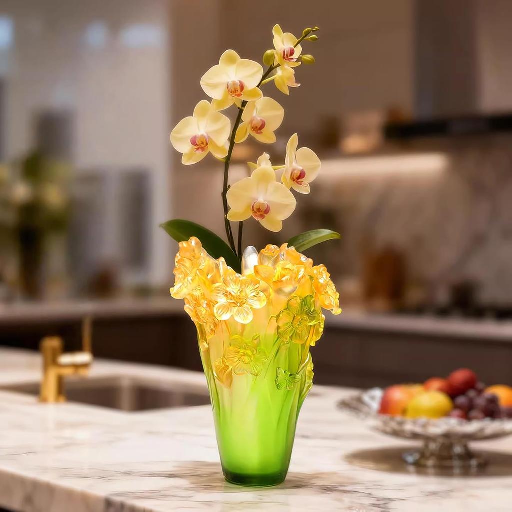Liuli Crystal Vase Handmade Lost Wax Craft Spring Narcissus Design Statue for Home Decor and Gift