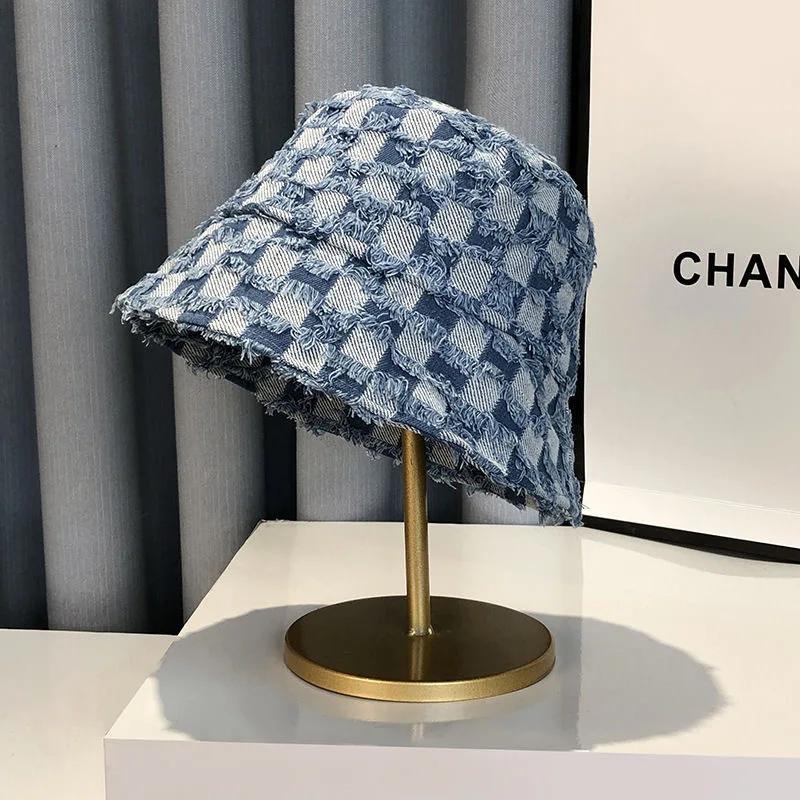 

Модная летняя клетчатая хлопковая джинсовая панама для женщин с широкими полями, клетчатая шляпа-ведро, кепка для улицы, защита от солнца, подарок светло-синий