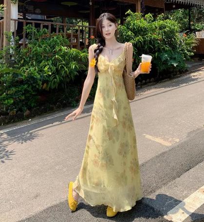 2026 summer new hip-wrapped fishtail dress yellow floral V-neck French printing temperament slim-fitting and thin dress S жёлтый