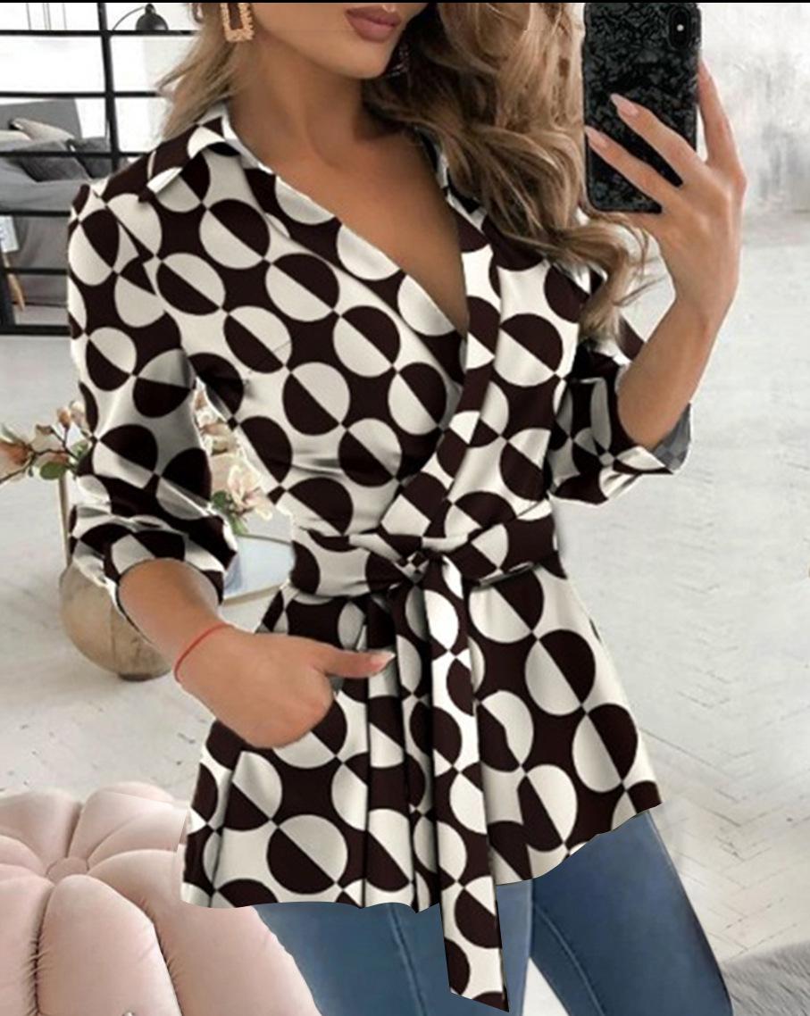 

2023 Autumn Fashion: Women s V-Neck Long Sleeve Belted Print Shirt L