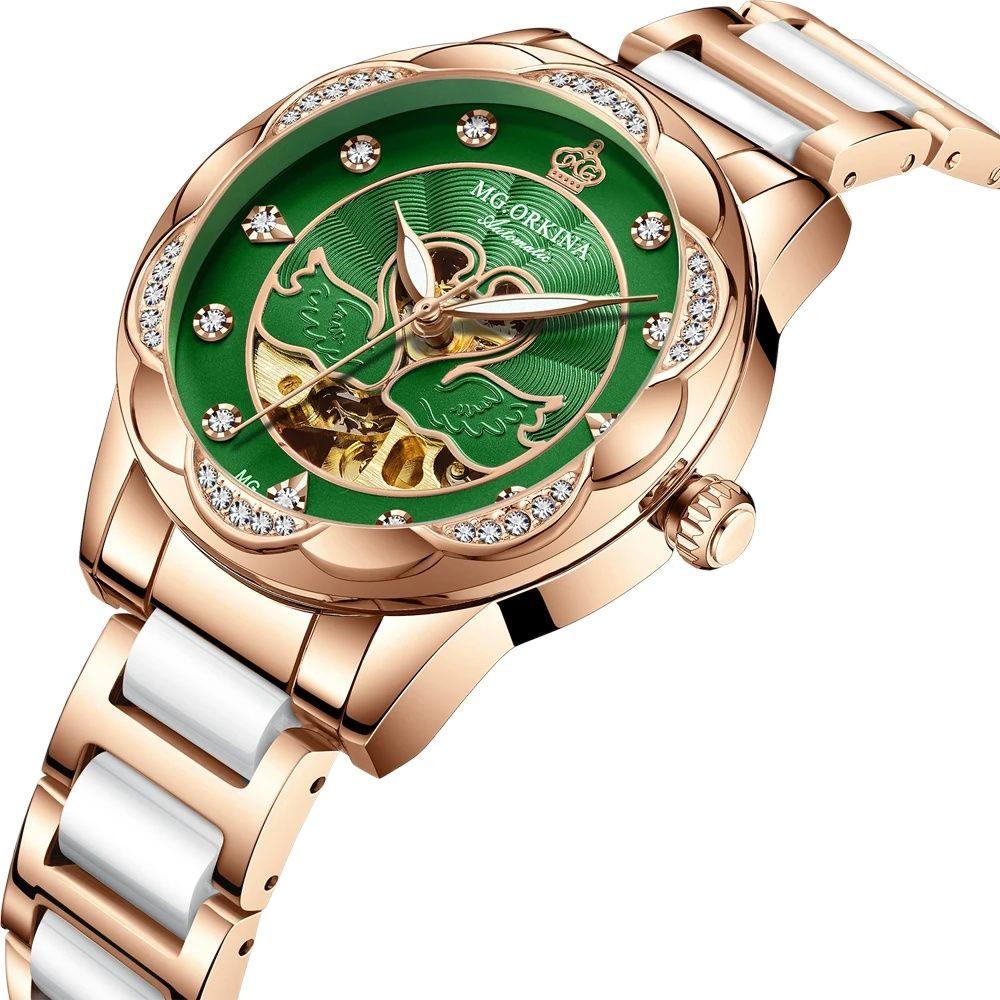 ORKINA Green Lady Automatic Mechanical Watch Luxury Brand Women Wristwatch Fashion Skeleton Clock Senhoras Assistir Reloj Mujer