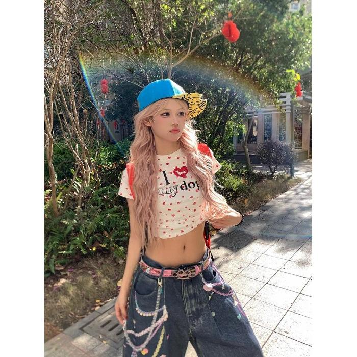 [Imitation cotton] Love full print dog paw print short-sleeved T-shirt women s slim short top S