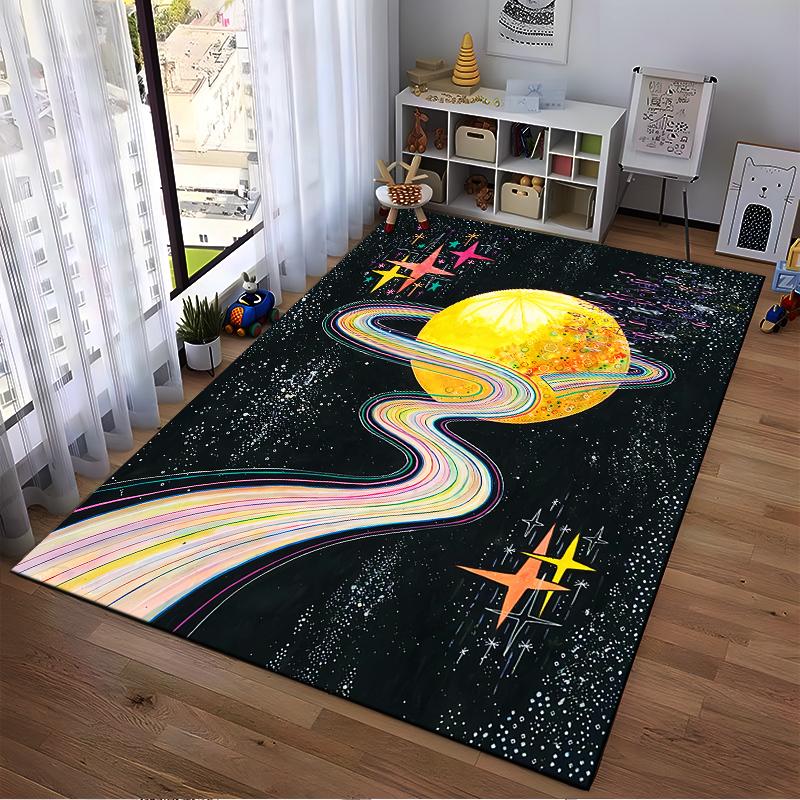 "Colorful Galaxy Carpet with Planet, Stars, and Rainbow Trail Design" Suitable for use as an anti-slip for living room bedroom sofas