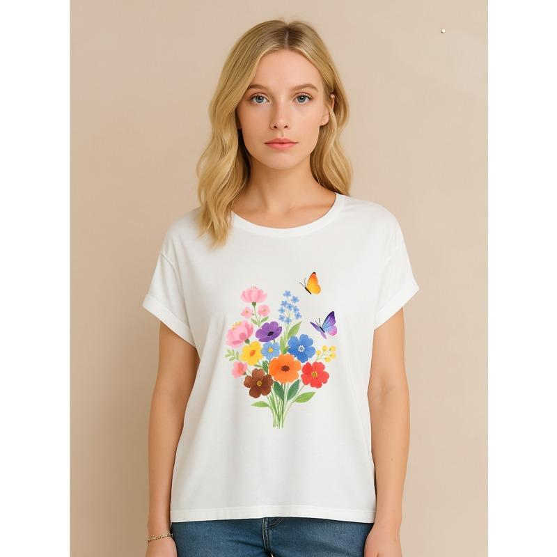 Women's Plants & Flowers Print Crew Neck Short Sleeve Casual Top, Elegant All-Season Regular Fit Tee