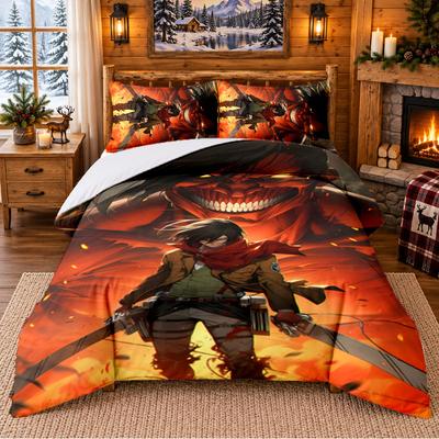 Attack On Titan Pattern Bedding 3Pcs Set Bed Sheet And Pillowcases For Indoor Bedroom