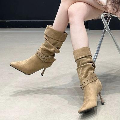 Autumn Women's High Heel Wrinkle Ankle Boots New Winter Pointed Toe Head Thin Heel Chelsea Boots for Shoes Dress Boots 514