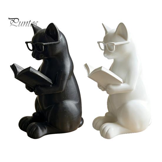Décoration Chat de Bureau Figurine de Lecture Imprimée en 3D, Ornement Décoratif avec Base Lestée Antidérapante, Statue Intellectuelle à Texture Haut de Gamme Lunettes