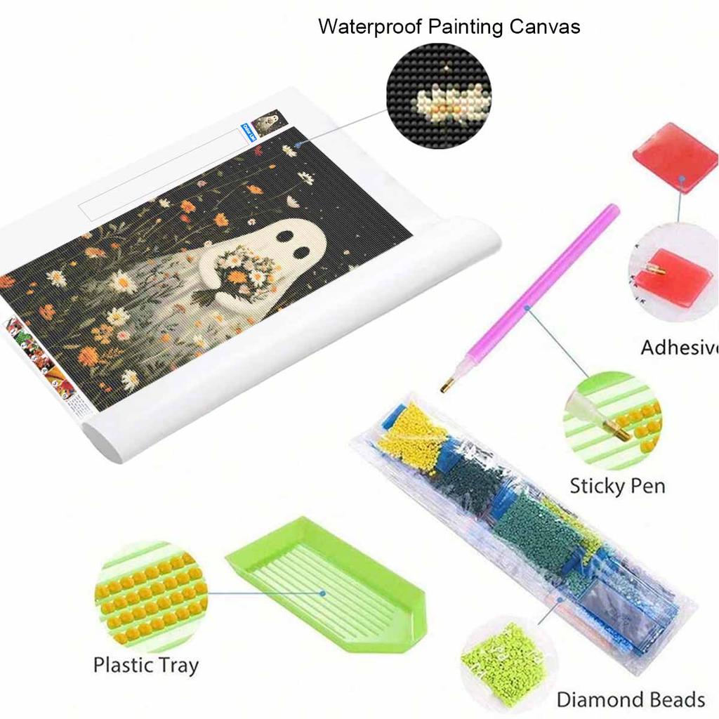 DIY Diamond Painting Kit Cute Ghost Holding Flowers Pattern 5D Full Drill Canvas Art Creative Craft Gift for Girls and Adults