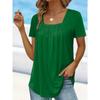 Women Square Neck Short Sleeve Blouse With Pleated Front And Curved Hem Casual Multi Color Summer Top