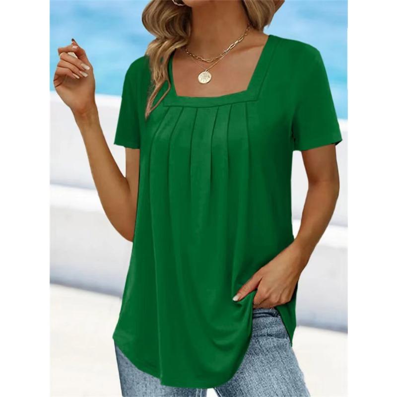 Women Square Neck Short Sleeve Blouse With Pleated Front And Curved Hem Casual Multi Color Summer Top
