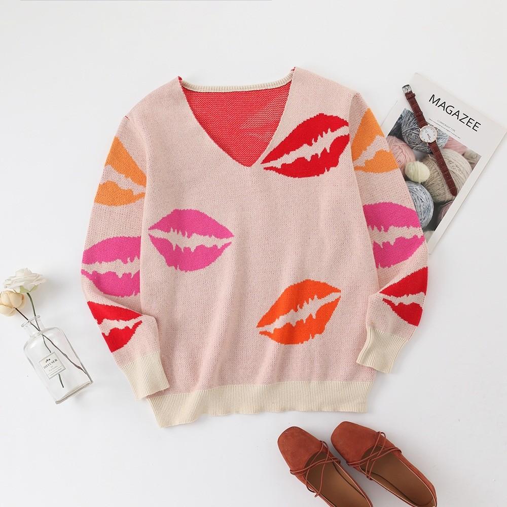 Women's 2025 Autumn and Winter New V-neck Long-sleeved Printed Core Yarn Pullover Sweater Casual Versatile Top