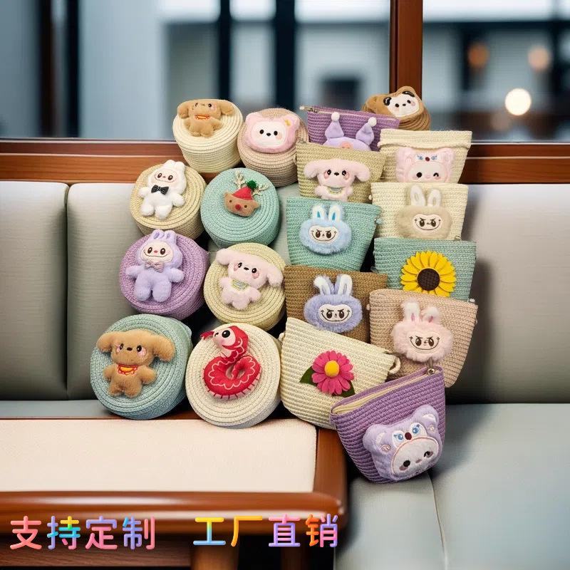 

Handmade creative children s woven bag girl holiday gift oblique span change bag straw small round bag dragon 12*12*7